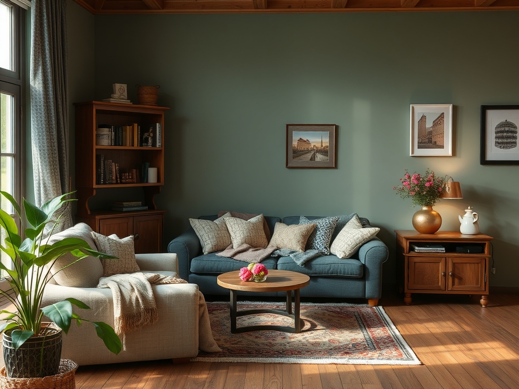 Современный уютный интерьер с диваном, книжным шкафом и цветами на столе. Тёплые тона и натуральные материалы.