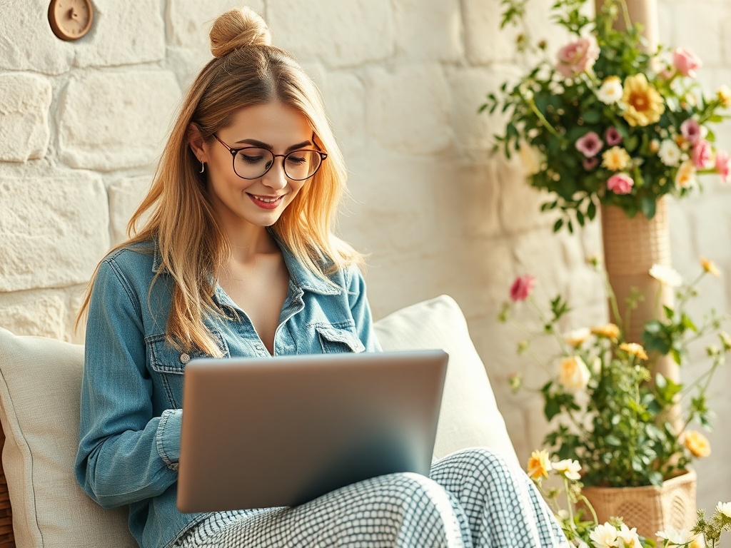 Девушка с длинными волосами в очках, сидит на диване и работает за ноутбуком на фоне цветов.