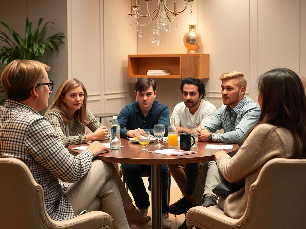 Группа людей обсуждают что-то за круглым столом в уютной комнате. На столе напитки и заметки.