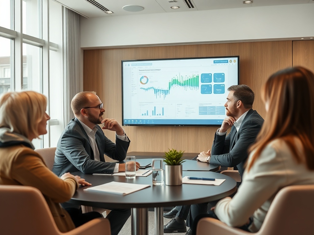 На встрече в конференц-зале четыре человека обсуждают графики и данные, представленные на экране.