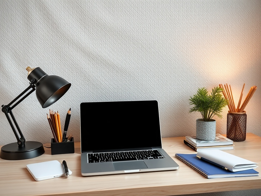 Стильный офисный стол с ноутбуком, лампой, растением и канцелярскими принадлежностями.