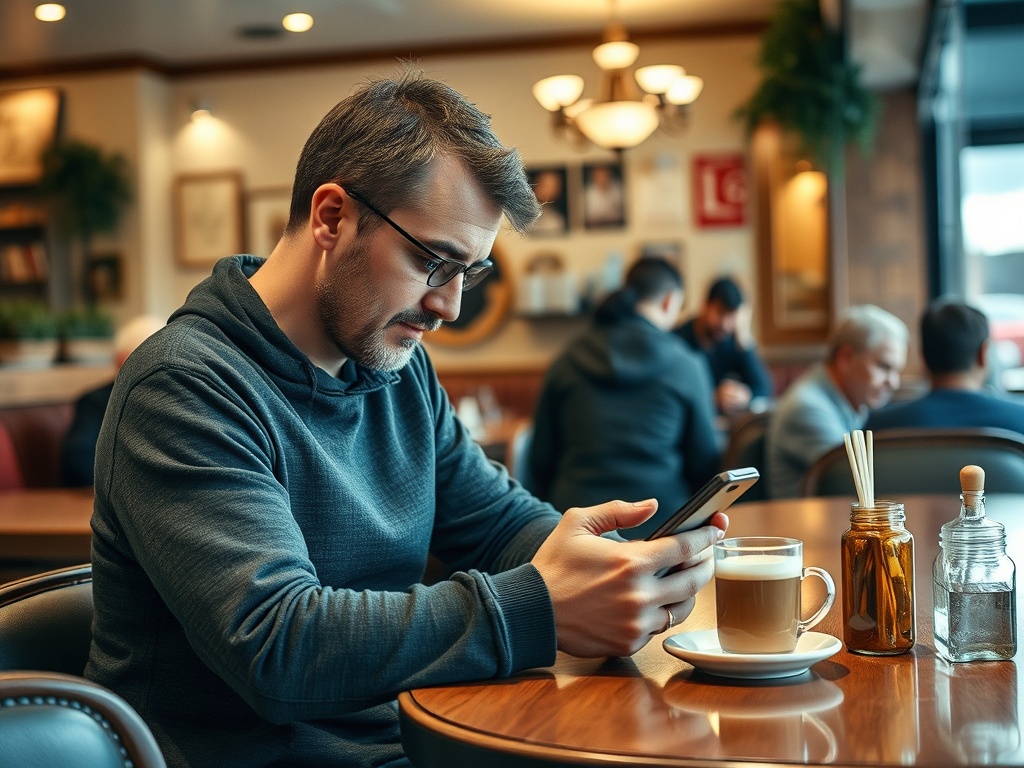 Мужчина в кофейне смотрит на свой телефон, рядом чашка кофе и контейнеры с сахаром и мелом.